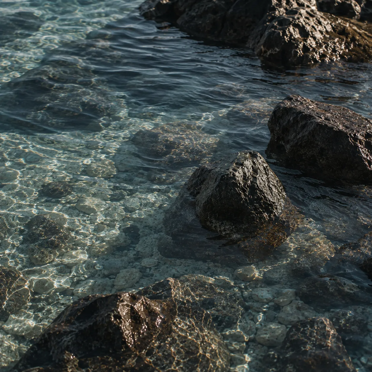 Agua transparente moviéndose entre rocas
